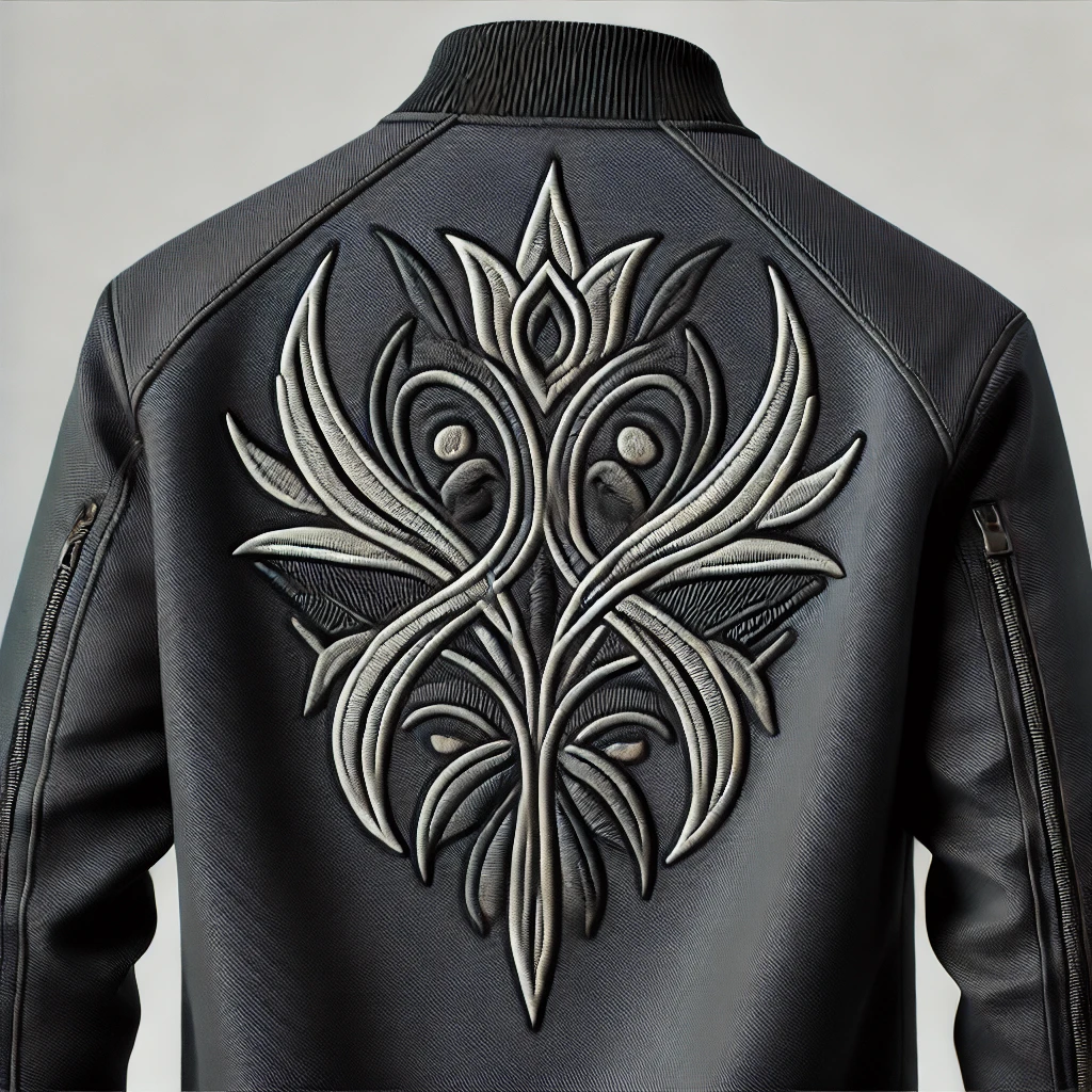 Ornate embroidered design on the back of a black jacket