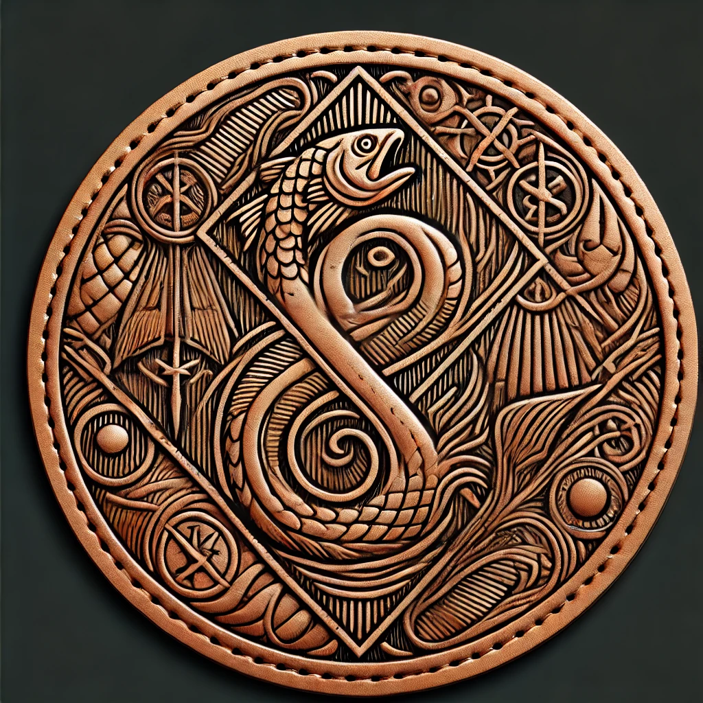 Round brown leather patch with an embossed ornamental design