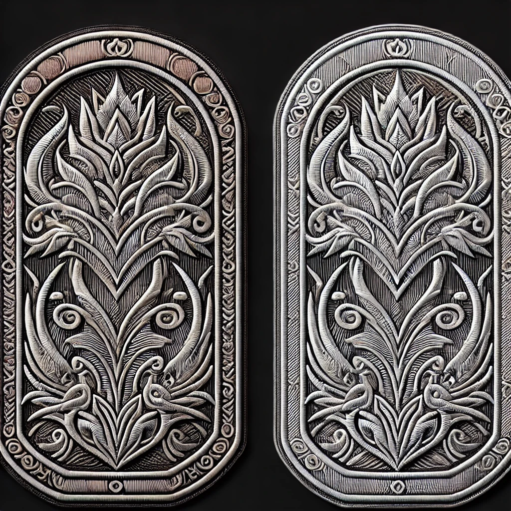 Two engraved metal tags with ornate floral designs