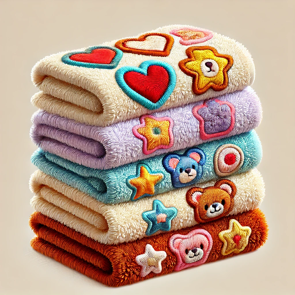 Colorful chenille patches on stacked garments