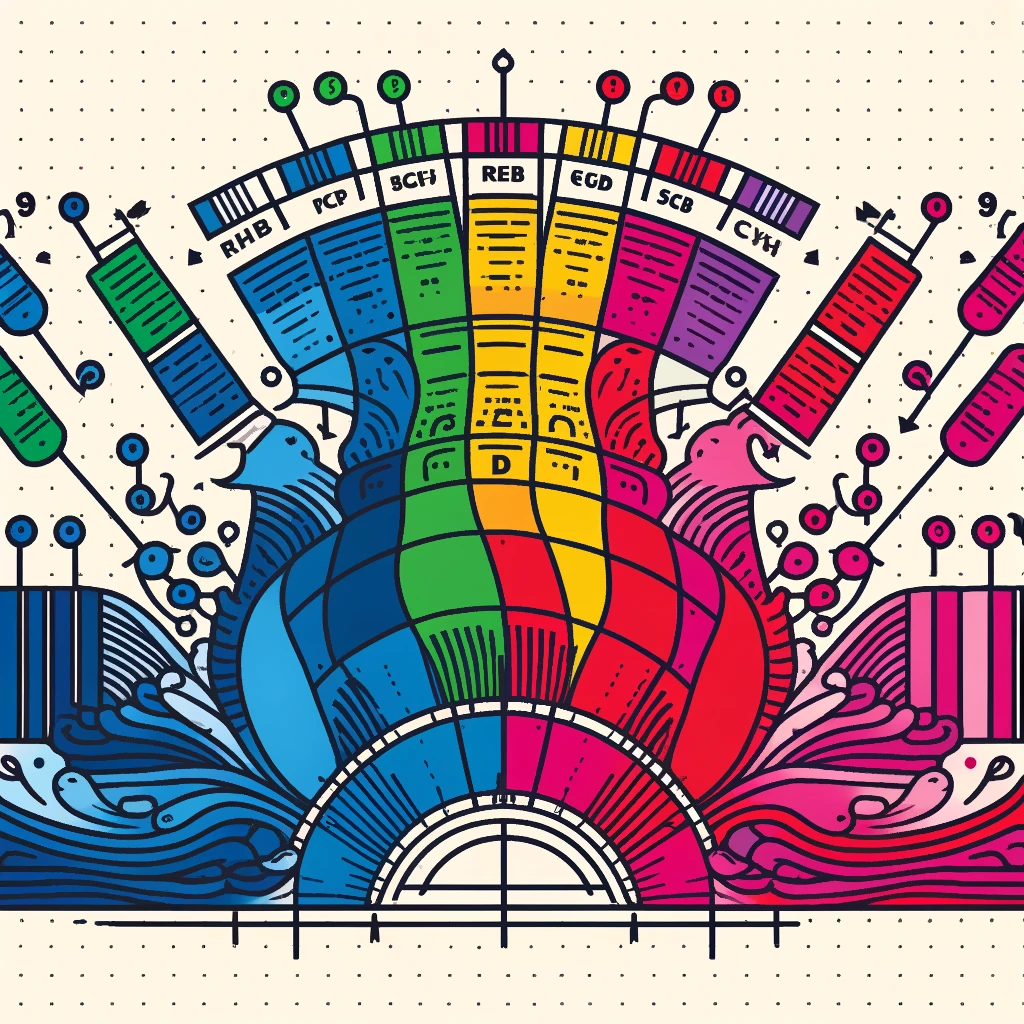 Color separation chart with multicolored ink splashes